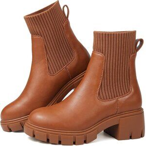 🆕Women's Brown Chelsea Platform Ankle Boots PU+PVC Material | Stylish & Durable
